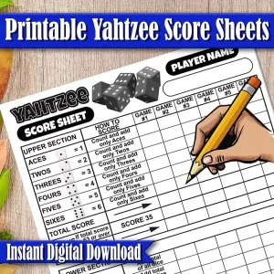 Yahtzee Score Card Sheet